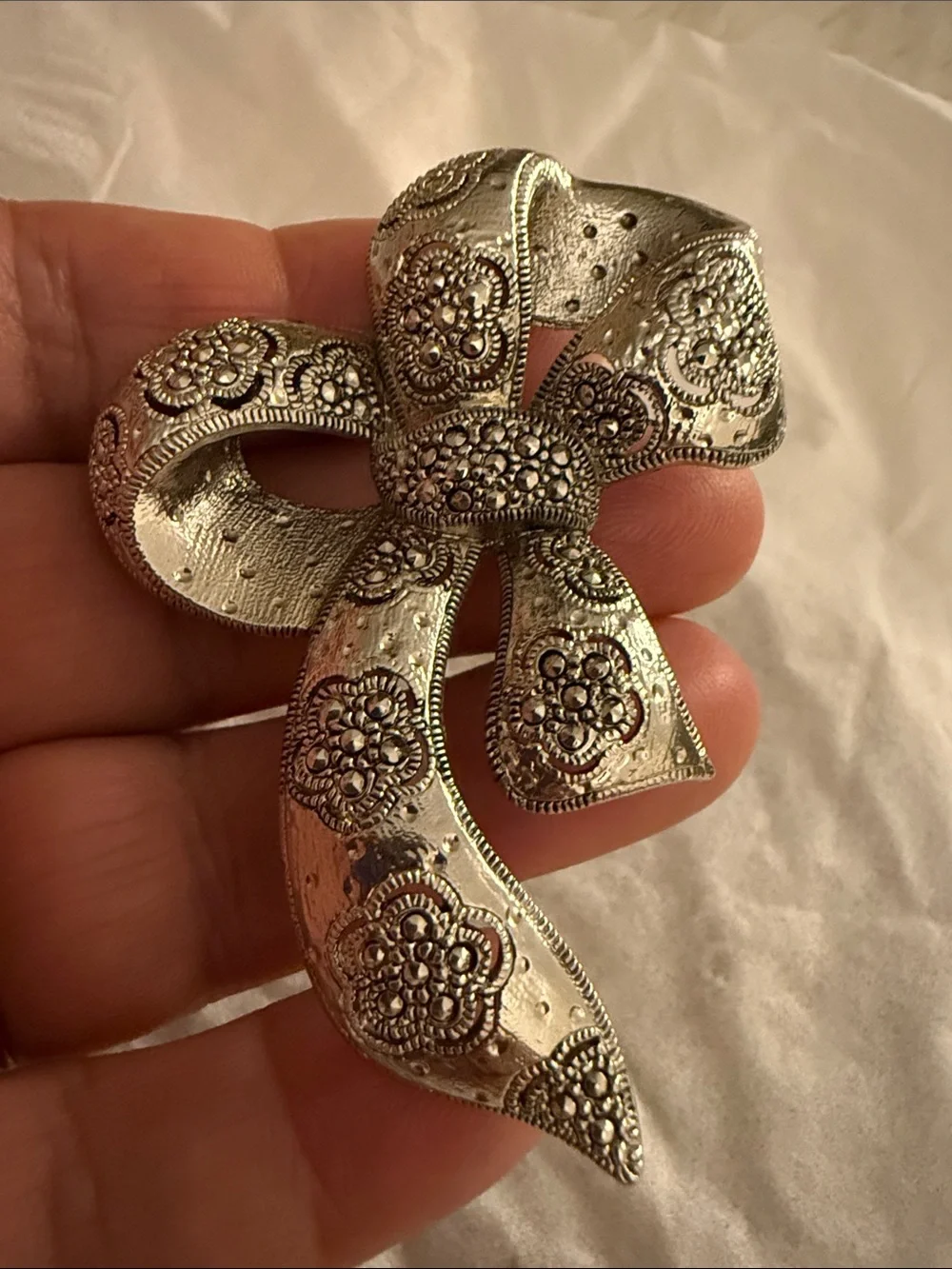 Ornate Silver Bow Floral Brooch - Women’s Statement Jewelry